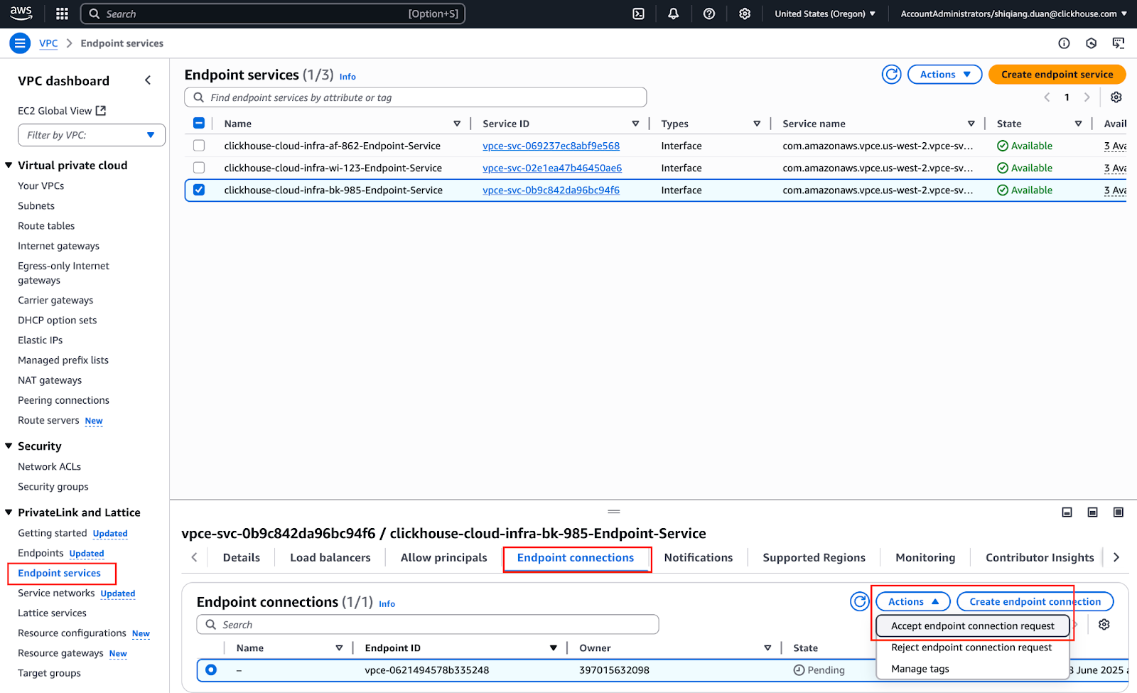 Подтверждение BYOC PrivateLink