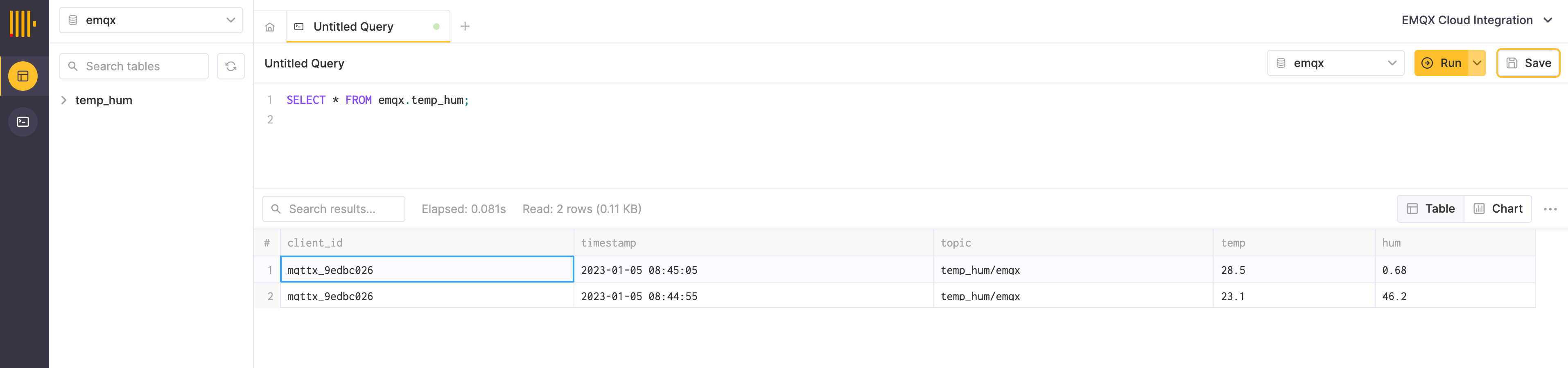 Результаты запроса ClickHouse, демонстрирующие сохранённые данные IoT