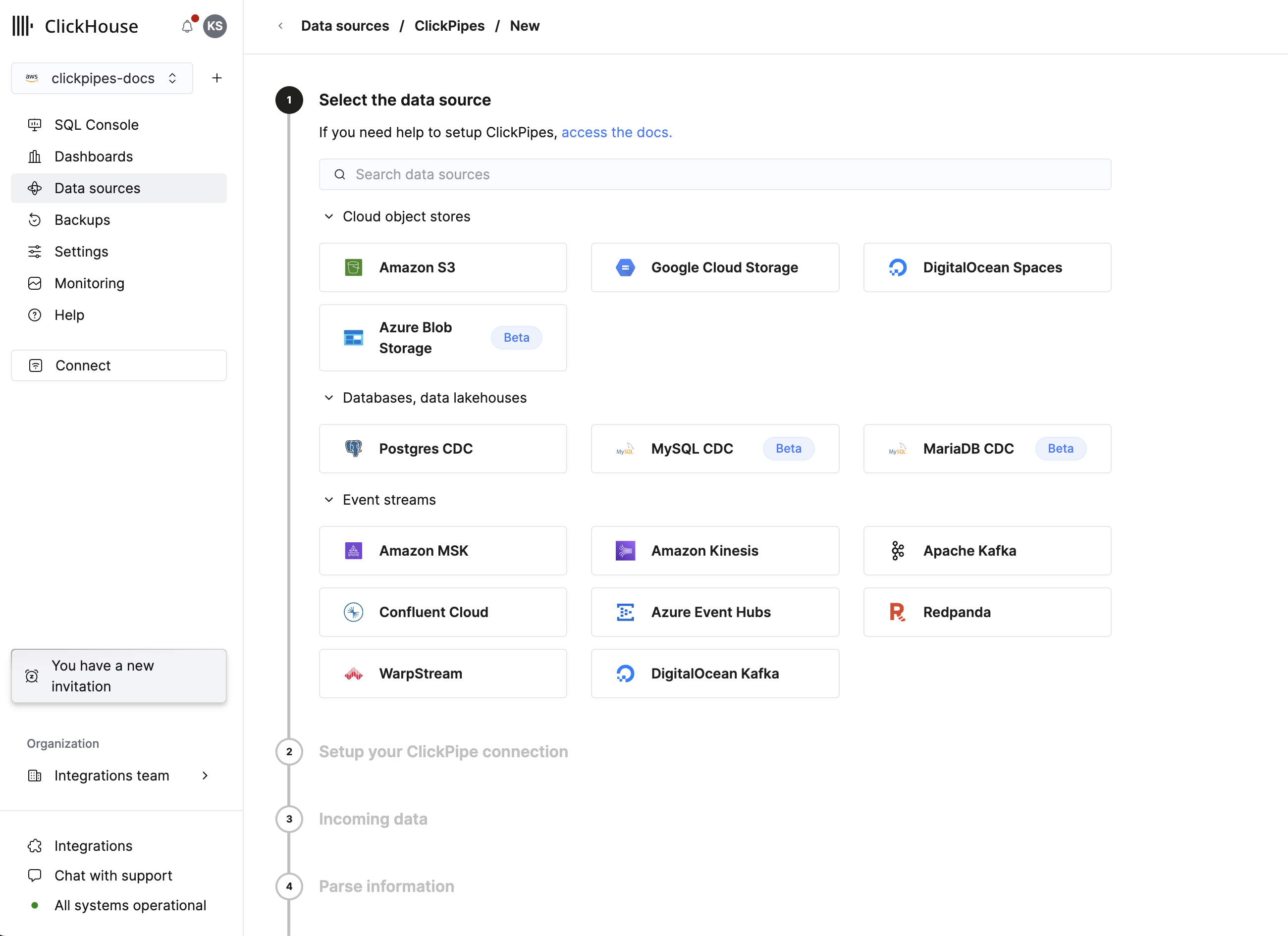 Выберите тип источника данных