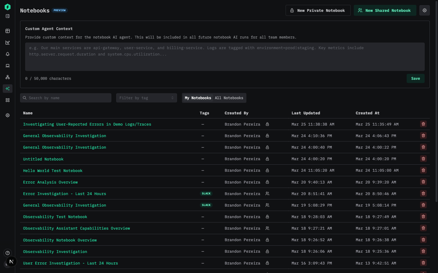 Панель Agent Settings для пользовательского контекста