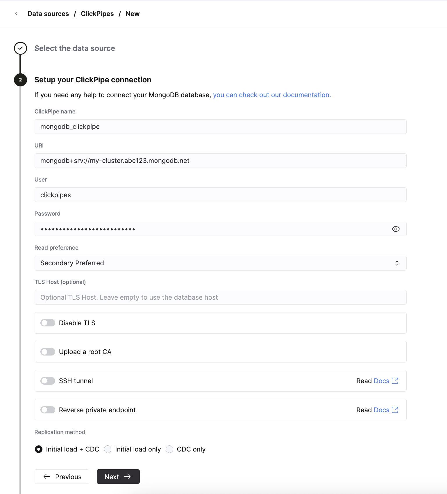 Заполните параметры подключения