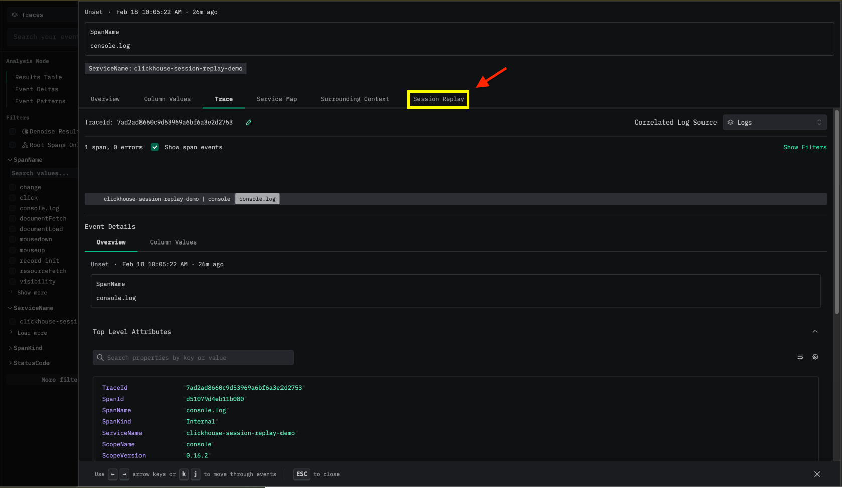 Представление трейса с session replay
